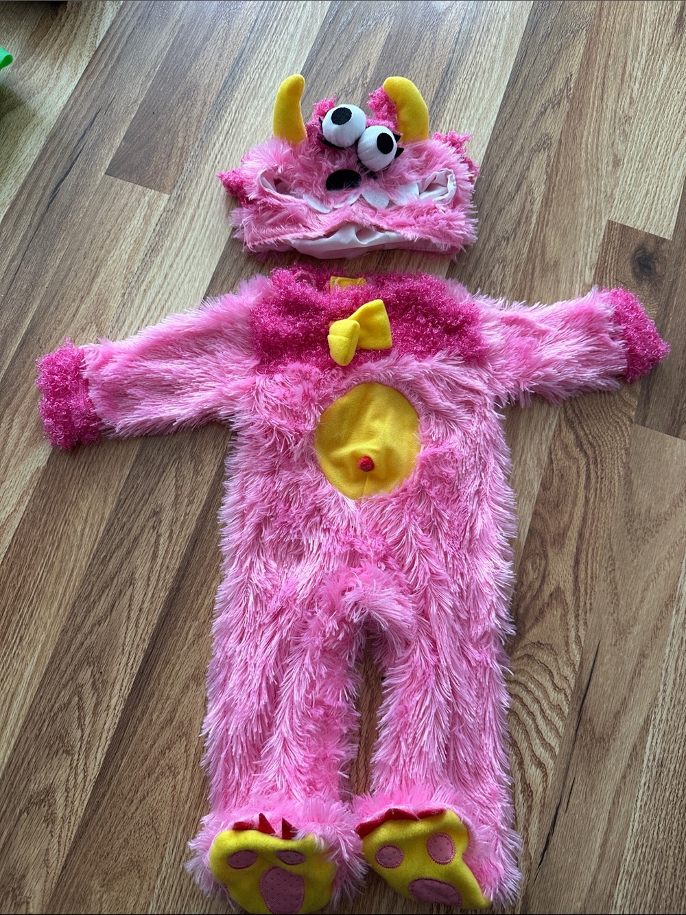 Pinky Winky Bright Pink Fuzzy Monster Costume with Yellow Accents